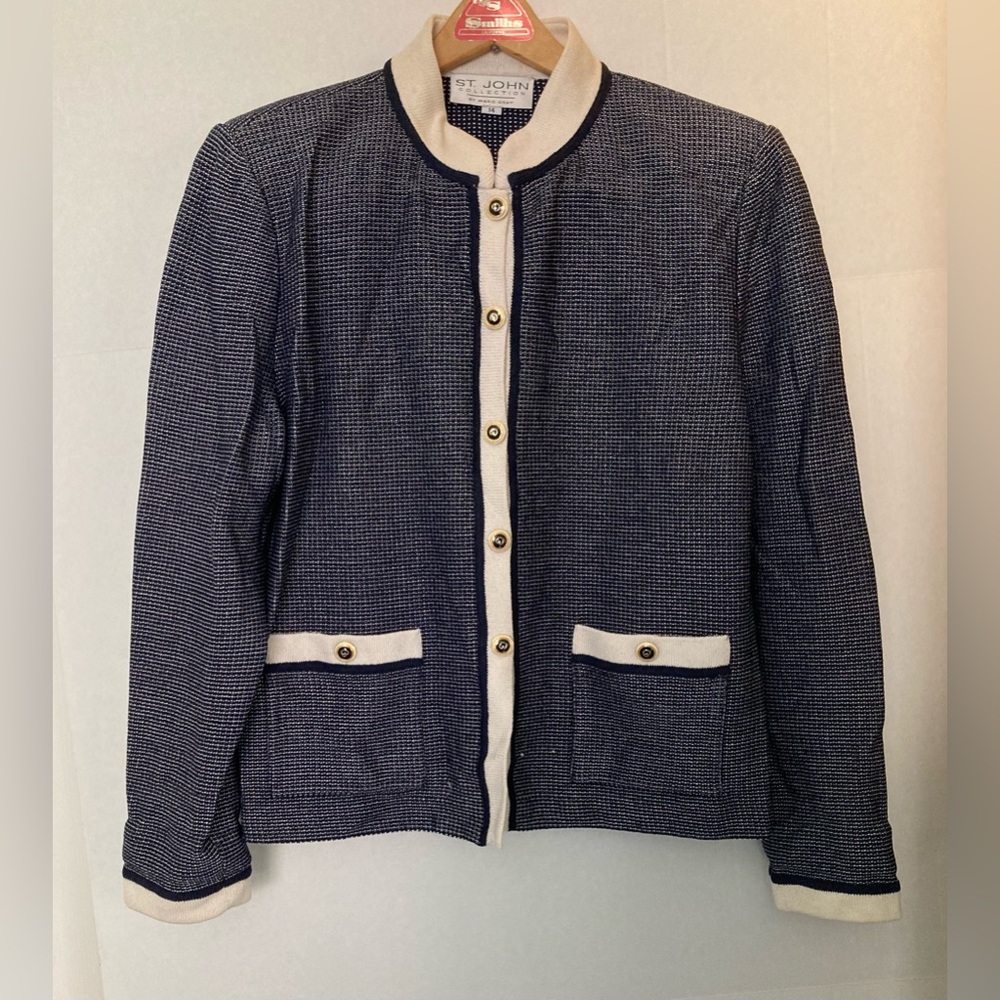 St. John by Marie Gray 🟣 Size 14 Navy and Cream Knit Cardigan Jacket  *note